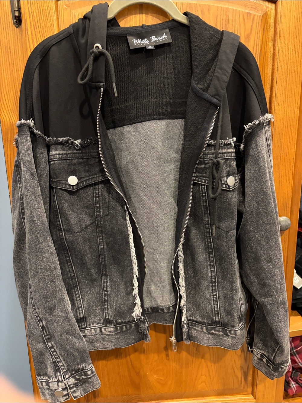 white birch Black and Gray Washed Denim Layered Bomber Jacket size small